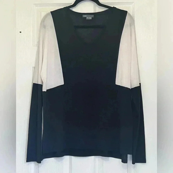 Vince Womens V Neck Shirt Black White colorblock Semi Sheer Long Sleeve Top Sz M - Picture 6 of 12